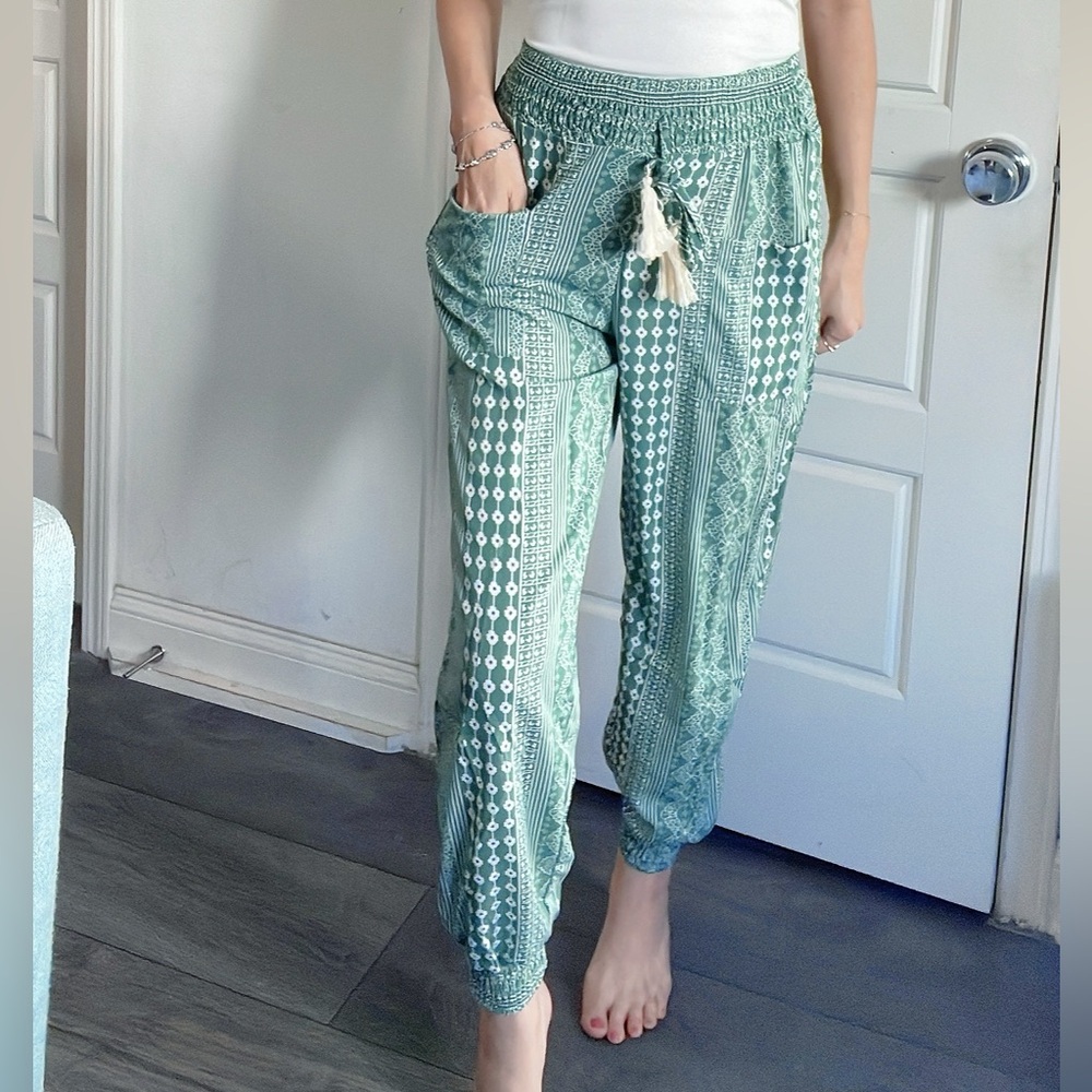011 Boho Green Geo Print Stretch Waist Joggers - Picture 10 of 12